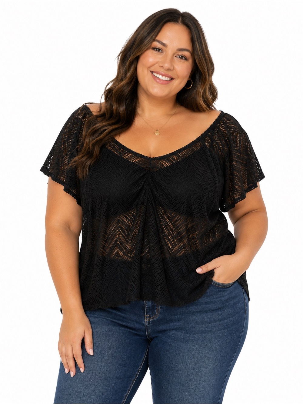 Jolie & Joy short sleeve black crochet top, Size‎ 3X, NWT